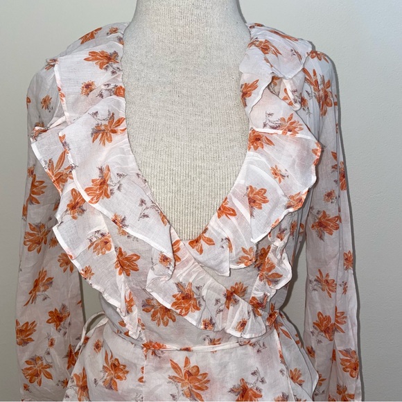 Free People NWT Floral Romantic Cottage Core Orange/White Ruffle Wrap Top XS/S - Picture 6 of 16